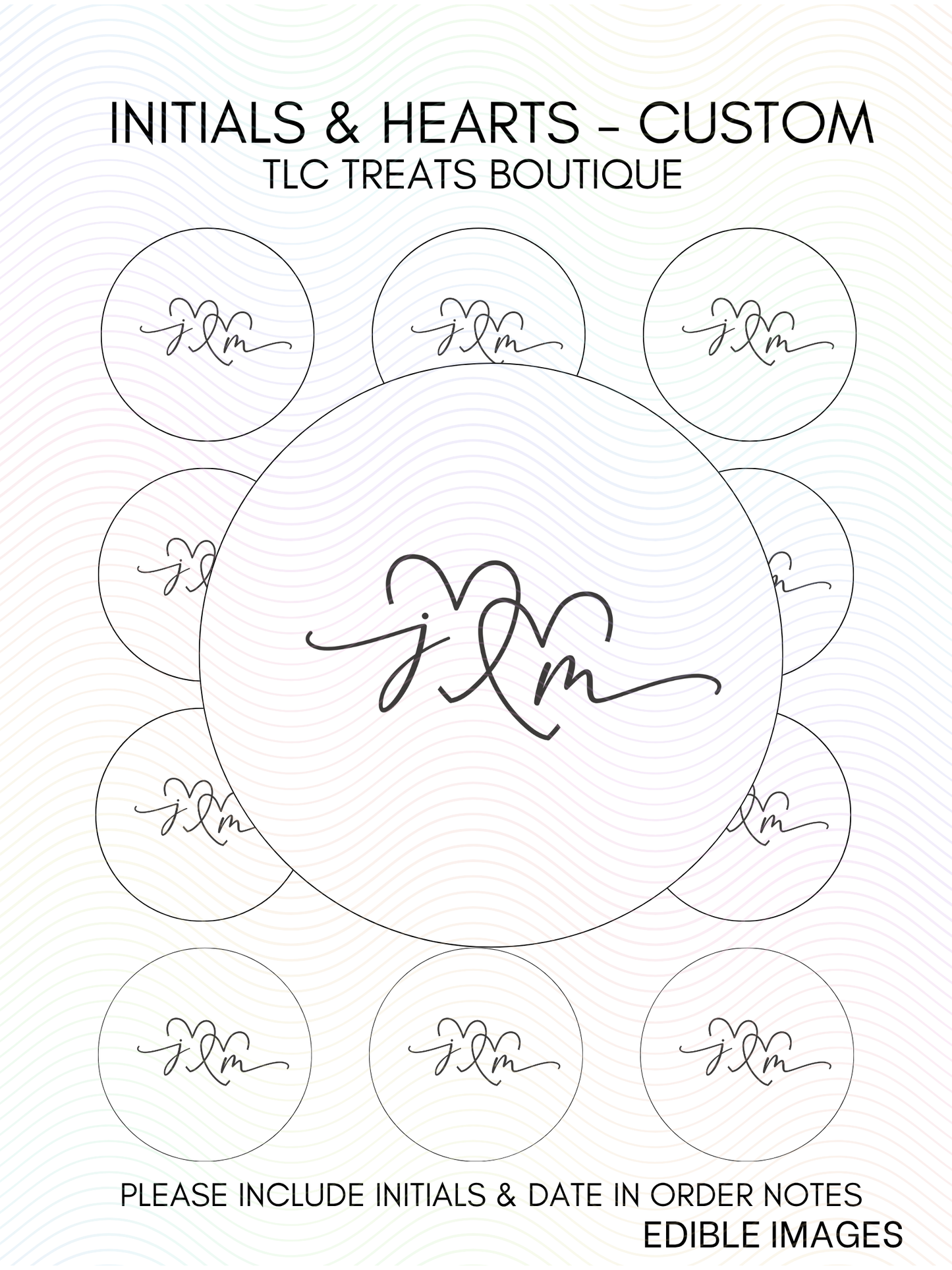 Initials & hearts - Custom Wedding Edible Image treat toppers