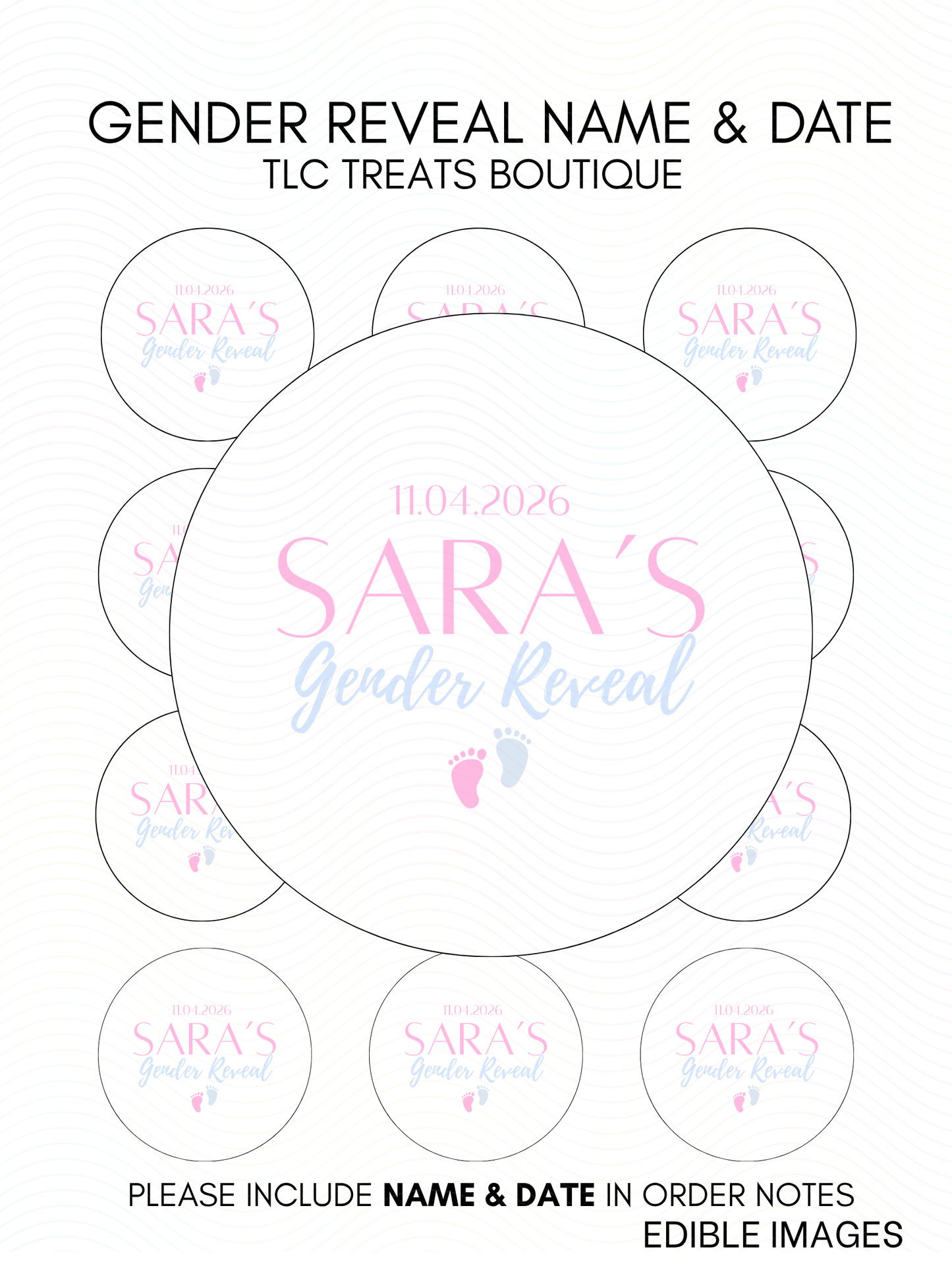 Gender Reveal Name & Date - Custom Wedding Edible Image treat toppers