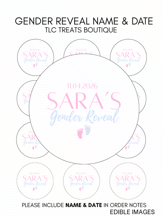Gender Reveal Name & Date - Custom Wedding Edible Image treat toppers