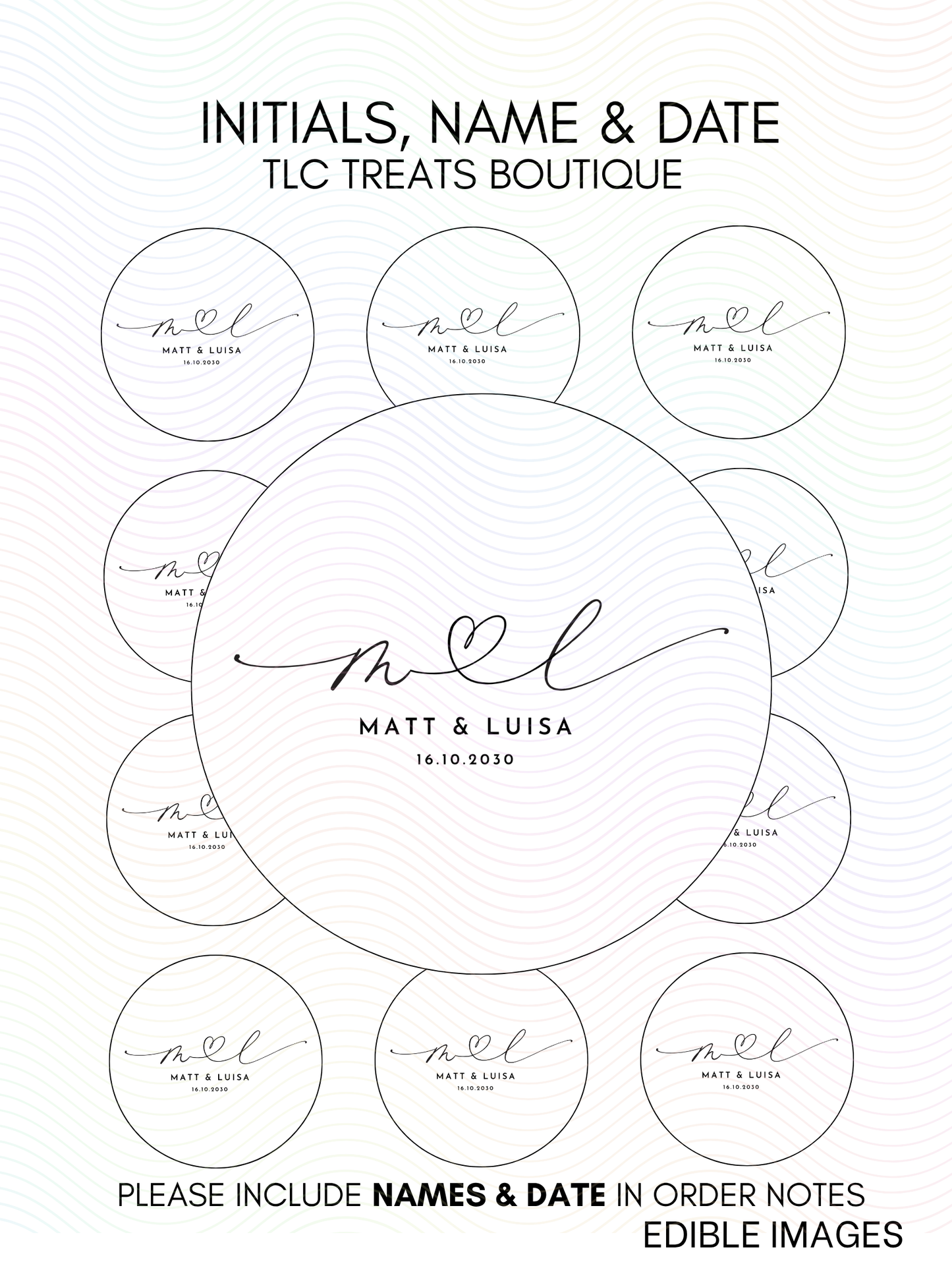 Initials name and date - Custom Wedding Edible Image treat toppers