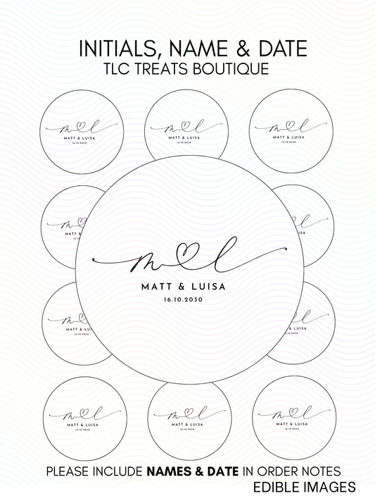 Initials name and date - Custom Wedding Edible Image treat toppers