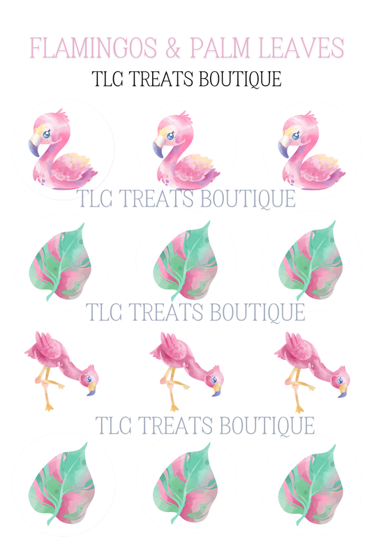 Flamingos and palm leaves