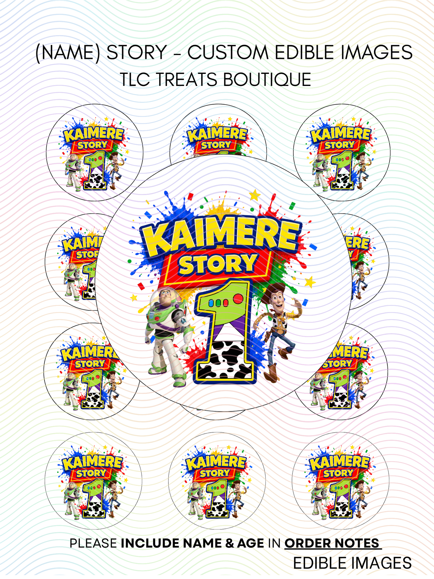 (Name) Story - Custom Edible Image treat toppers, Toy story